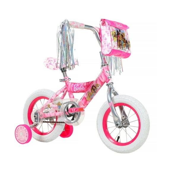 Dynacraft Barbie 12-Inch Girls Bike for Ages 3-5 years with Custom Handlebar Bag, Pink and White