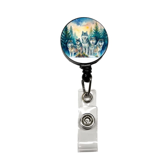 Wolfpack Snowy Forest Wolf Scene Watercolor Retractable Reel ID Badge Key Card Name Tag Holder with Clip