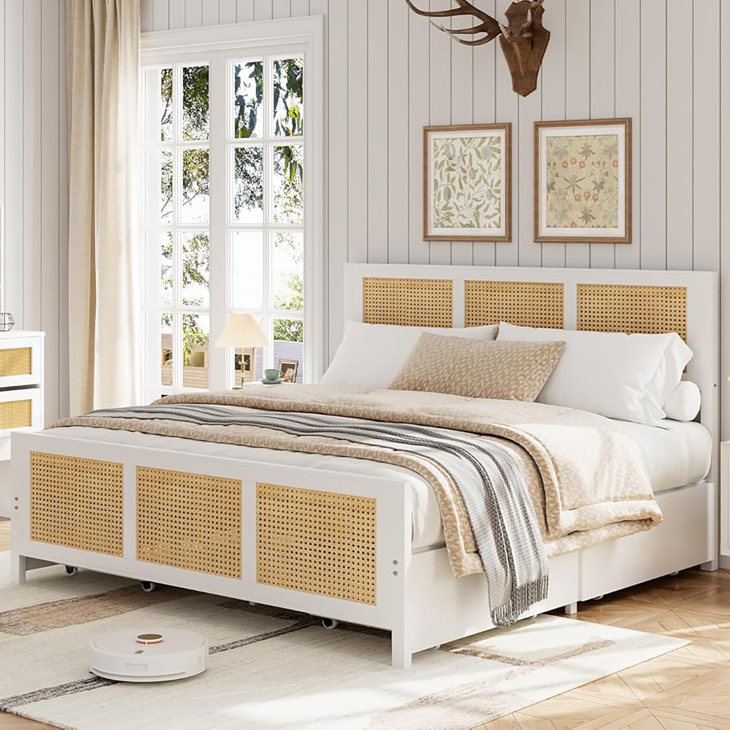 Tzou Rattan Bed Frame with Headboard & 4 Drawers - Boho Queen Size Platform Bed, LED Lights, 800 lb Capacity, No Box Spring, White