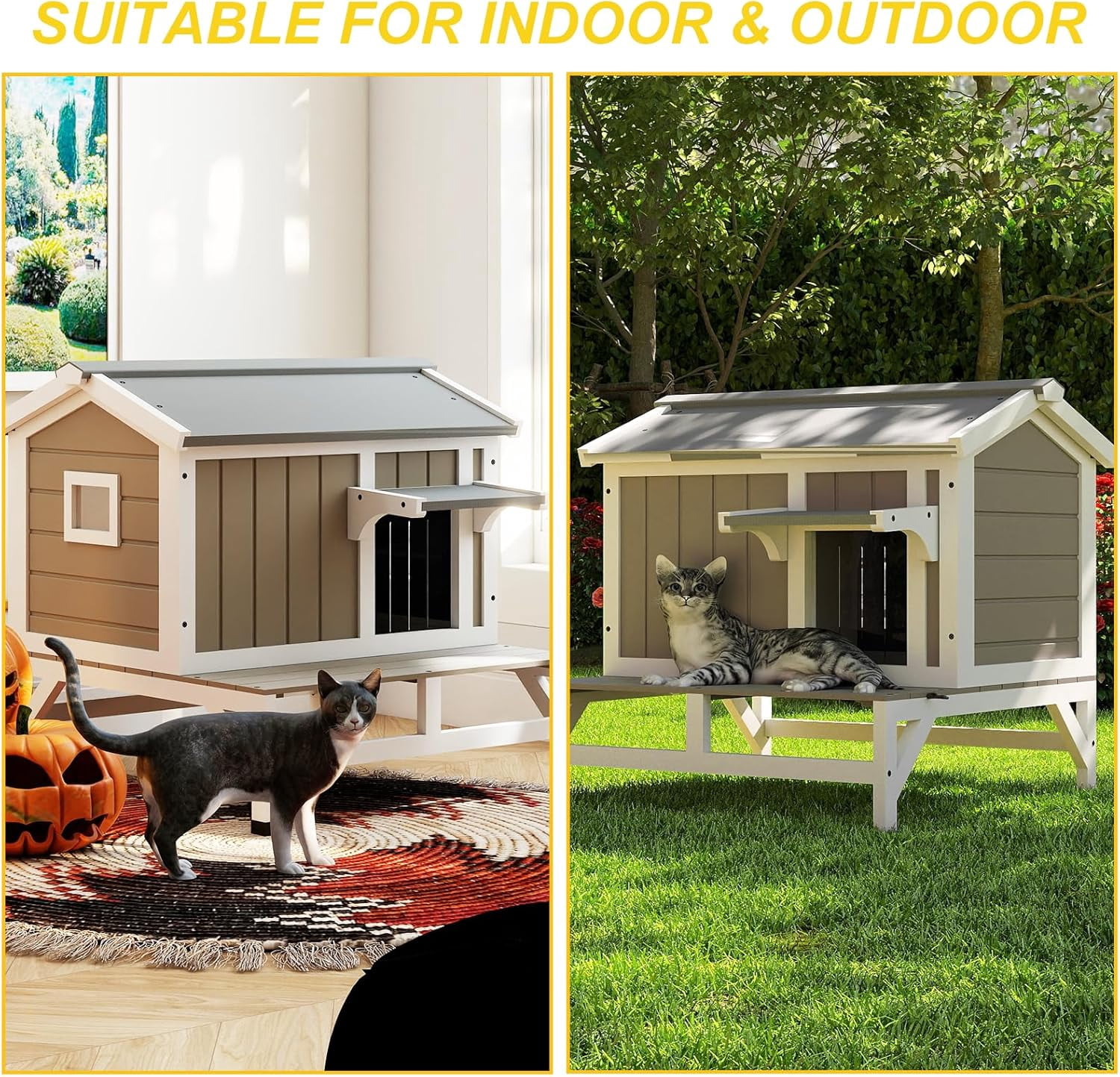 28.7"L Cat House Outdoor Feral Cat Shelter with Balcony,Weatherproof Cat Houses for Outdoor Cats with Openable Asphalt Roof,Wooden Feral Cat Enclosure with Raised Base for 1-3 Cats(GREY)