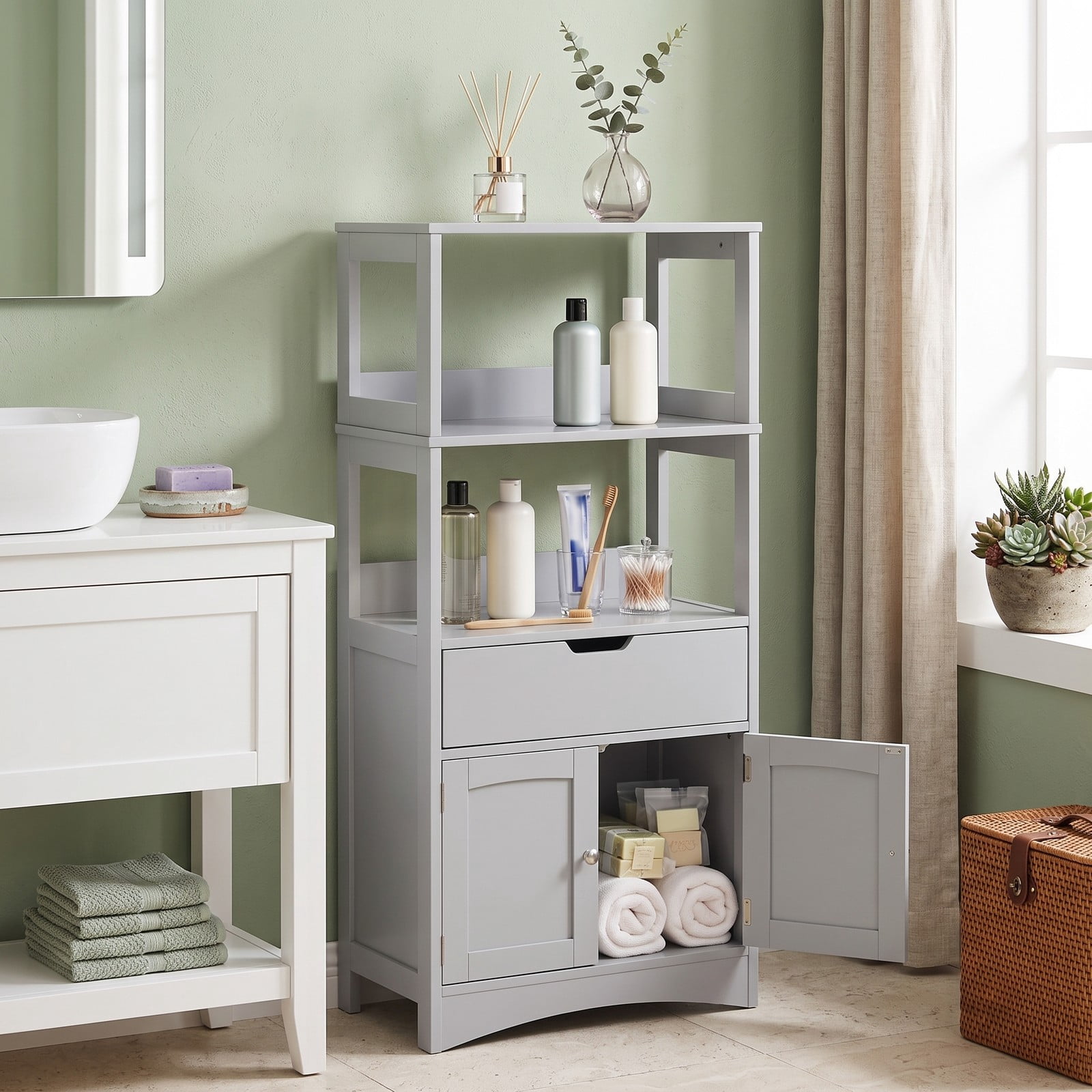 Fenbeli Bathroom Storage Cabinet, Freestanding Floor Cabinet with 3 Open Shelves, Pull-Out Drawer & 2 Doors, Anti-Toppling Wooden Organizer for Bathroom Kitchen, Gray
