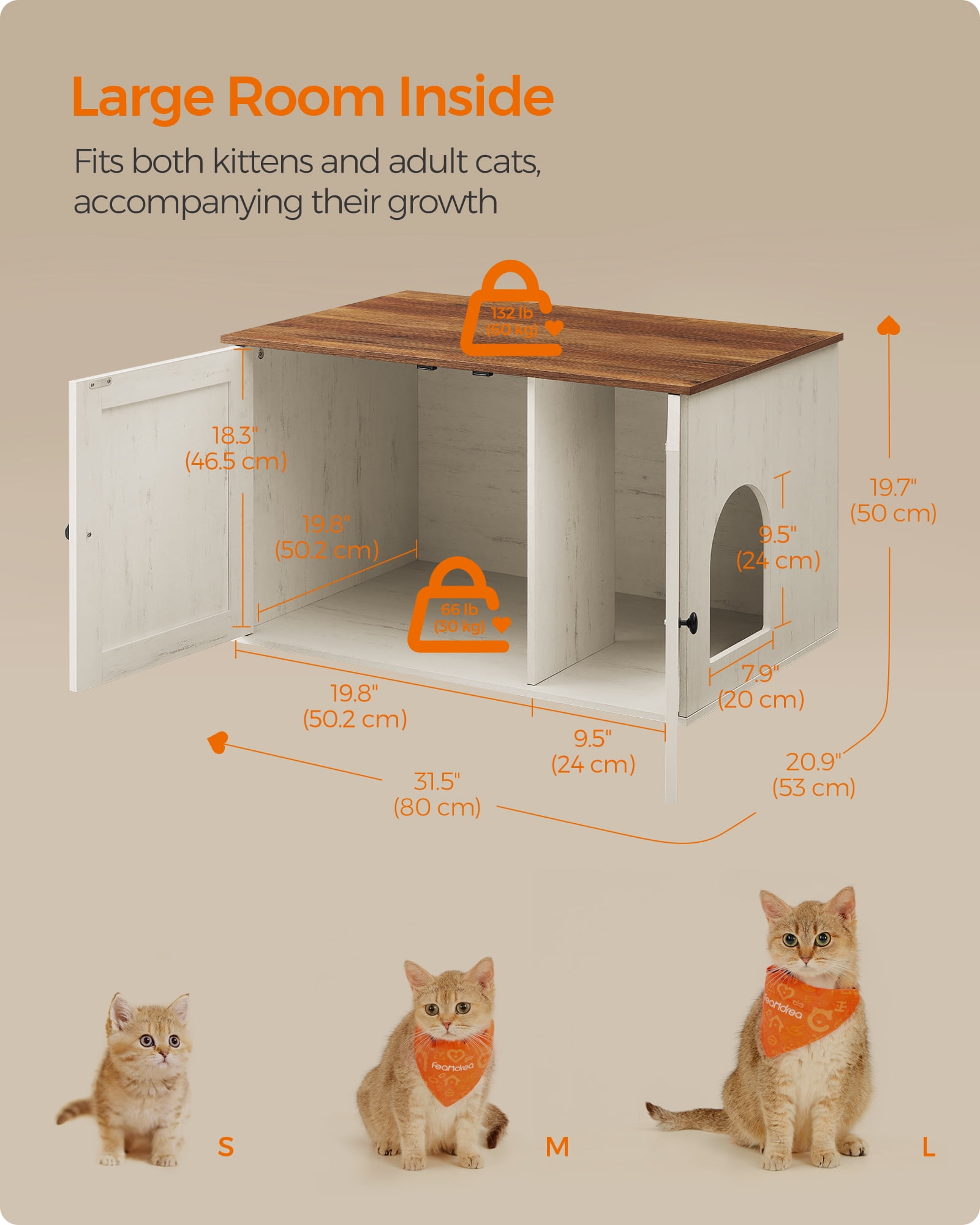 Hidden Cat Litter Box Enclosure Furniture Large Multi-Functional Cat Litter Box Washroom with Removable Divider Rustic White