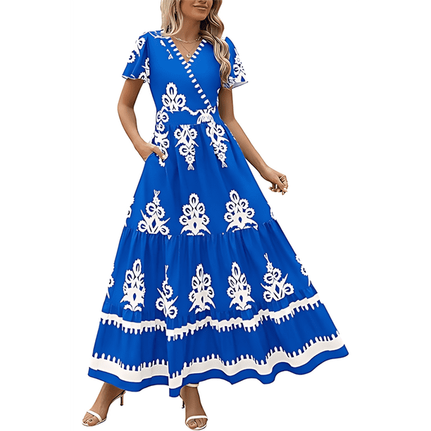 Vestido de Corta con Cuello en V, Estampado Floral, Bolsillos y Mangas Acampanadas, Azul M