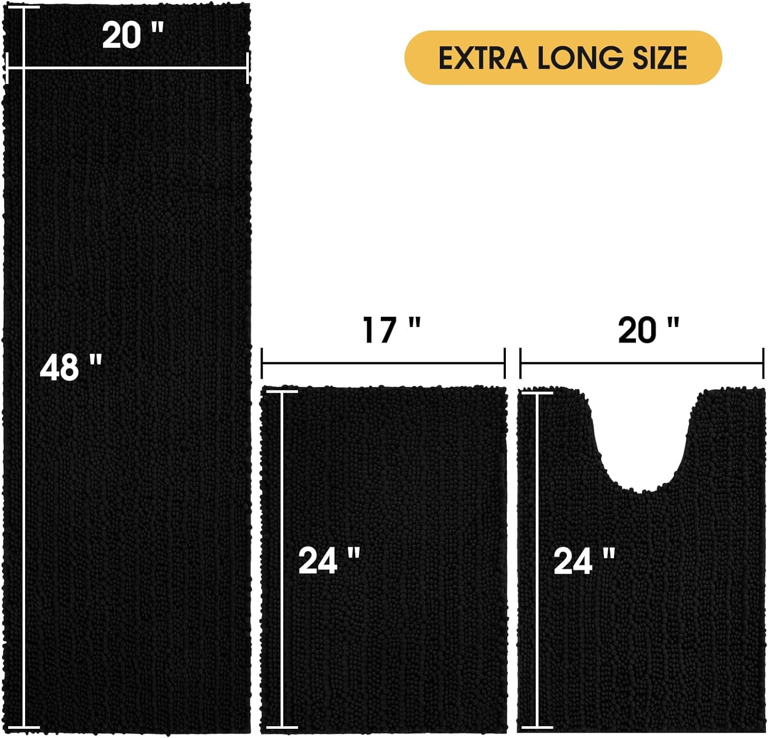 HAKUNA Upgrade Extra Large Black Bathroom Rug Set 3 Pieces Ultra Soft, Thick Absorbent Bath Mats, Non Slip Chenille Toilet Mat for Bathroom, Bedroom, Kitchen