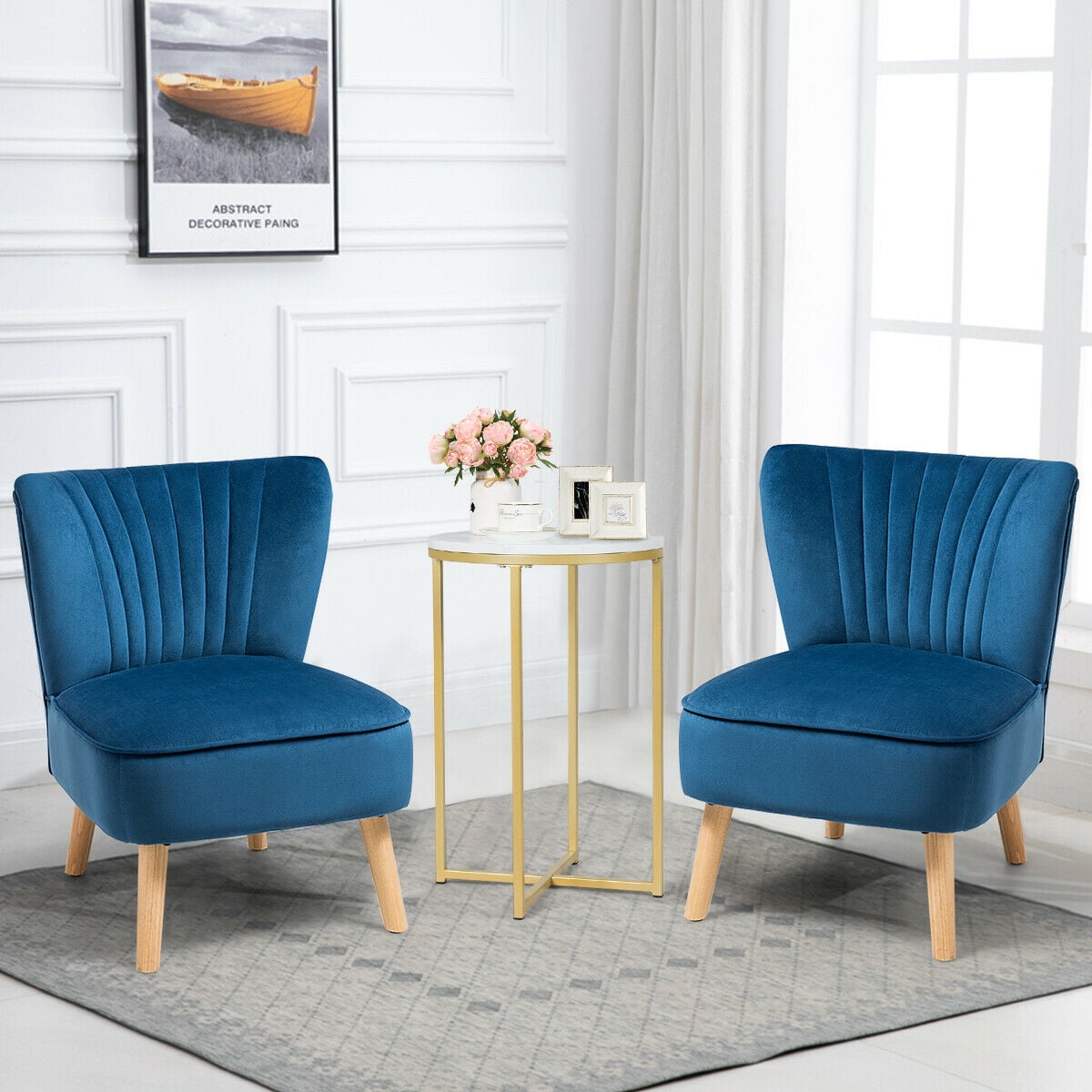 Gymax 2PCS Accent Leisure Chair Single Sofa Armless w/ Wood Legs Blue