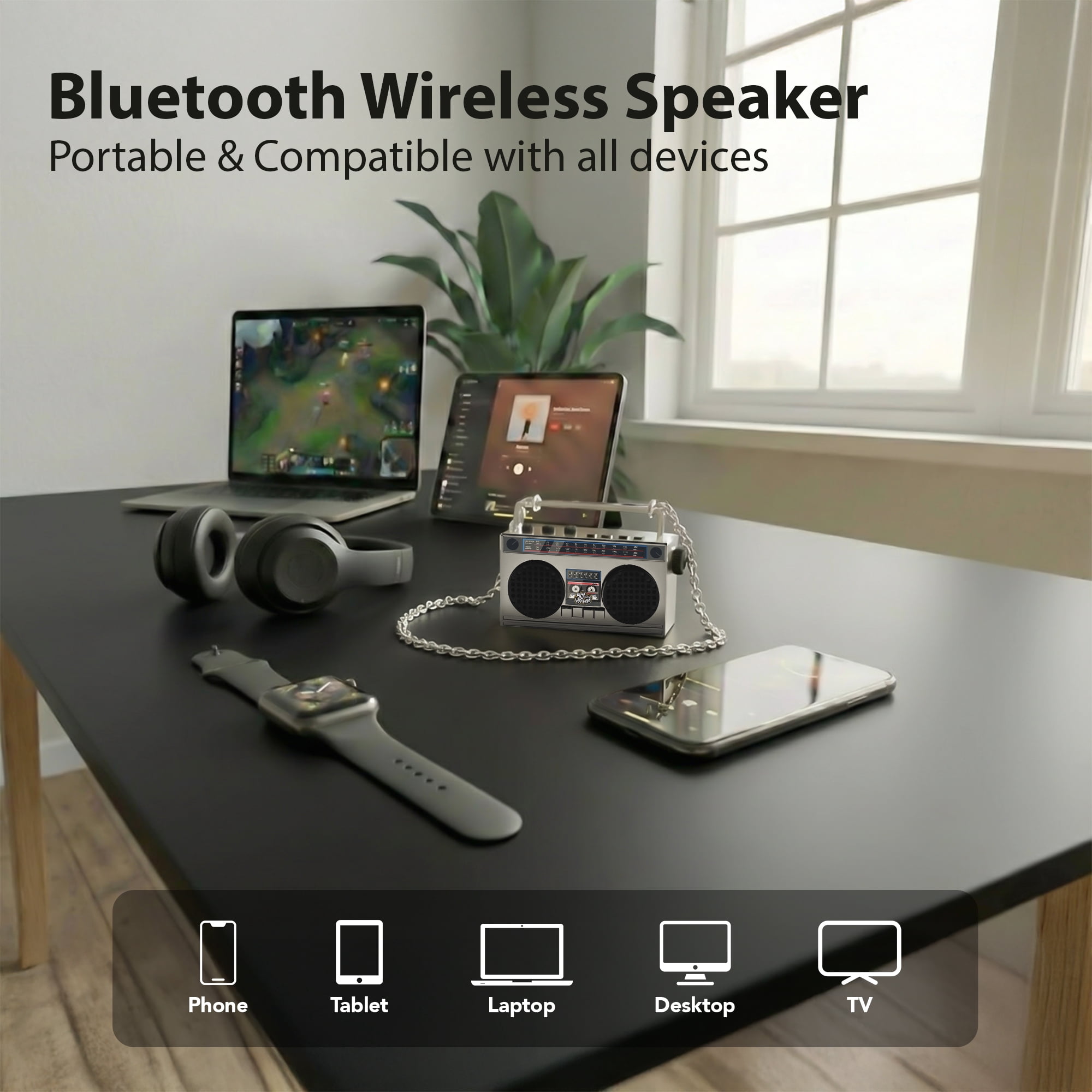 Portable Mini Bluetooth Wireless Speaker Retro Wearable Boombox with 27 Inch Necklace, FM Radio, On Board Buttons, with Dual 6W Peek Power Micro Speakers, and Long Lasting Battery