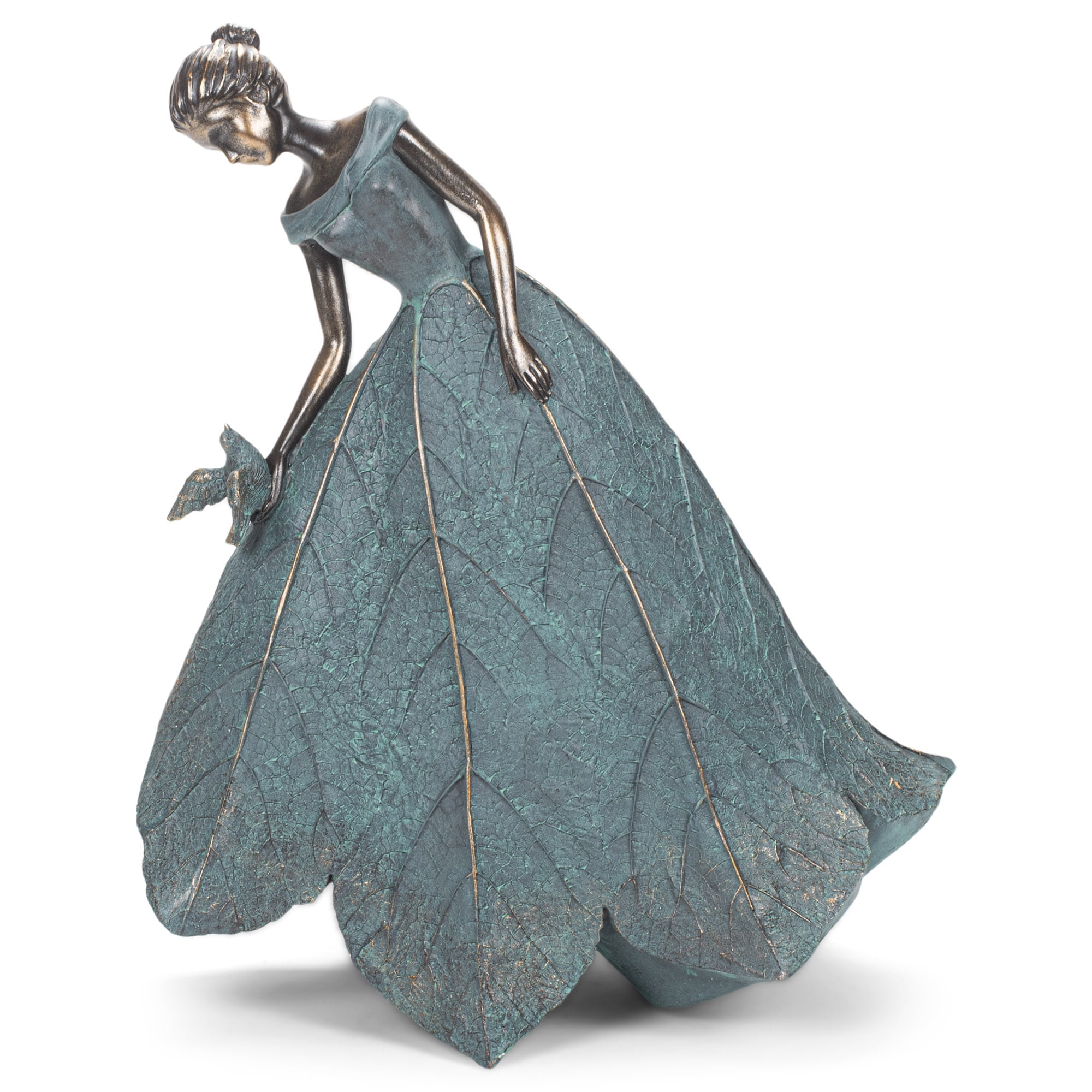 Whimsical Soft Blue Standing Lady Leaf Dress 19 x 7 Polystone