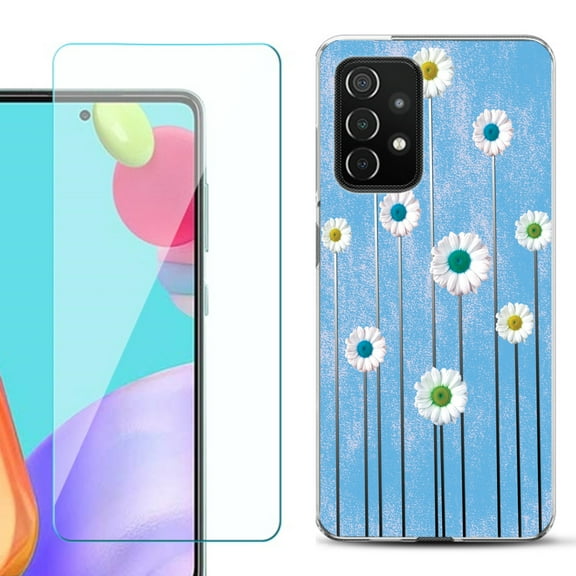 Slim-Fit Flexible Gel TPU Phone Case compatible with Samsung Galaxy A52 5G, with Tempered Glass Screen Protector, by OneToughShield ® - Daisy Sky