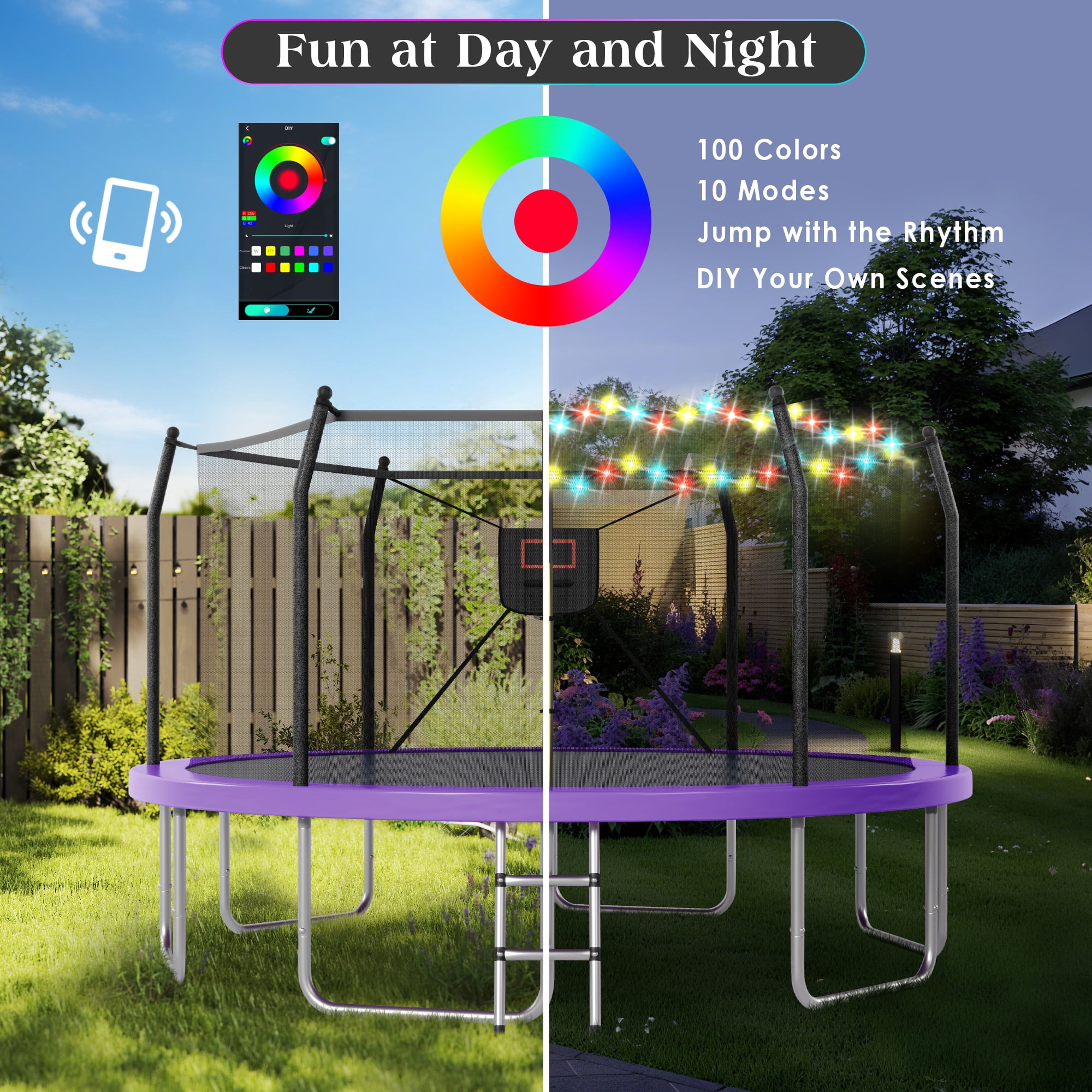 EUROCO 16FT Trampoline for 5-6 Kids and Adults with Lights, Basketball Hoop, Enclosure Net & Ladder, Outdoor Round Trampoline, Easy to Assemble