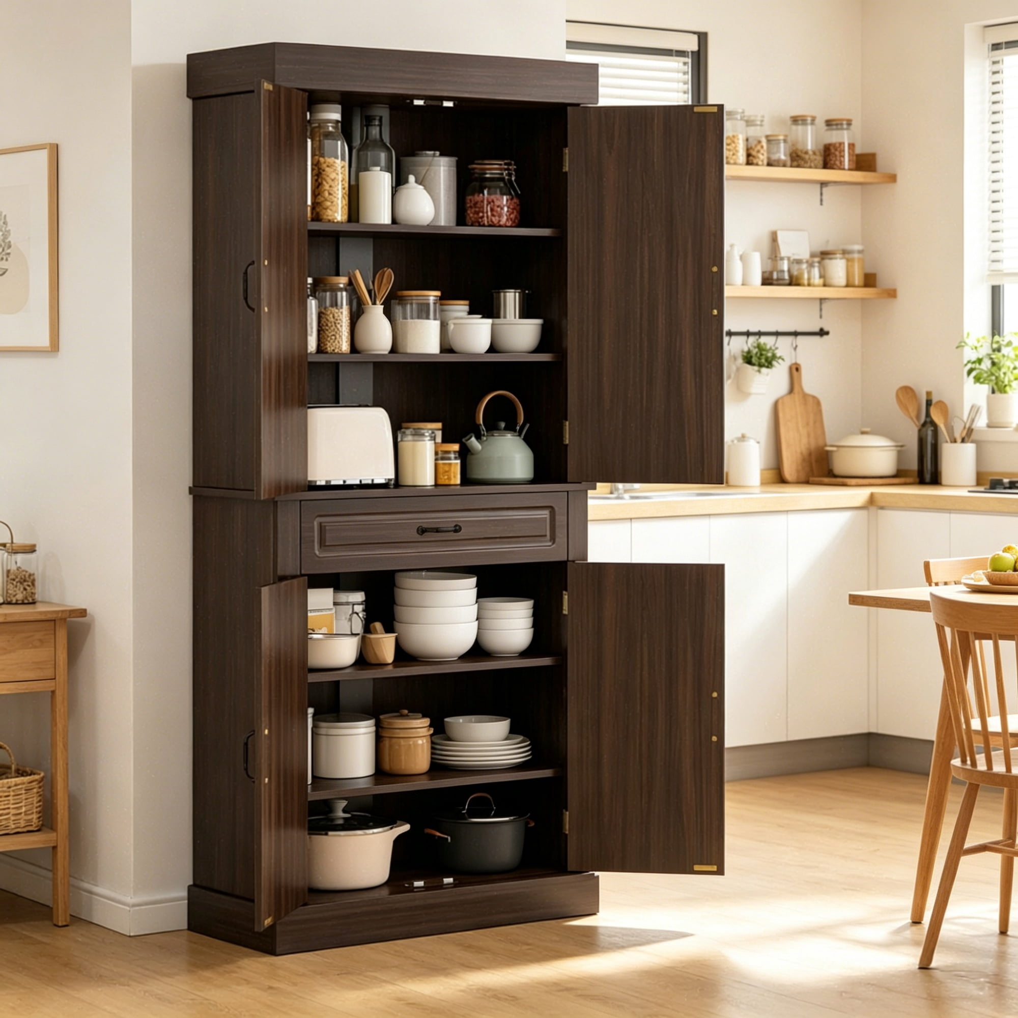 71" Freestanding Kitchen Pantry Cabinet with 4 Doors 2 Large Storage Cabinets And an Additional Drawer for Coffee & Kitchen Supplies