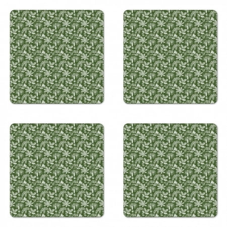 

Botanical Coaster Set of 4 Vintage Leaf Engraved Sketch Herbs Forest Chestnut Kernel Conifer Oak Square Hardboard Gloss Coasters Standard Size Olive Green and White by Ambesonne