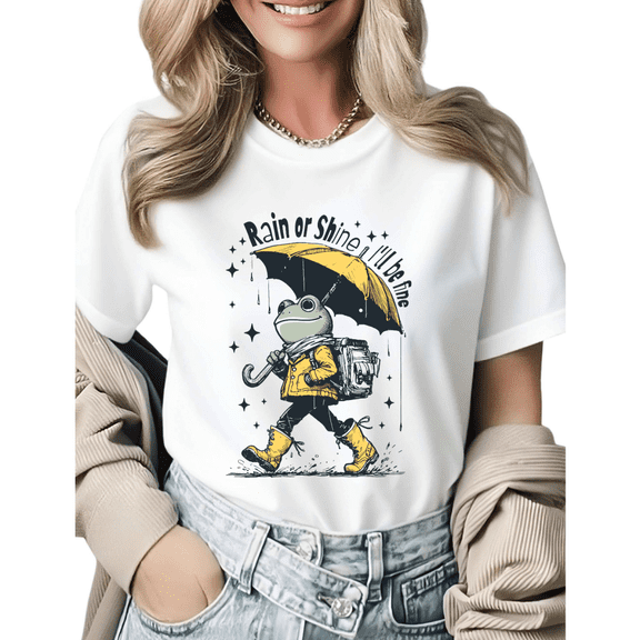 Retro Frog with Yellow Umbrella Graphic Tees Womens T shirt Black/White S-5XL Shirts Casual Daily Tops