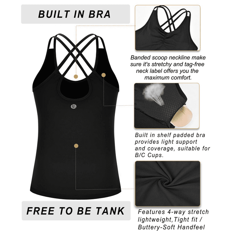 RUNNING GIRL Yoga Tank Tops for Women Built in Shelf Bra B/C Cups Strappy  Back Activewear Workout Compression Tops