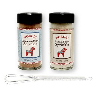 Nordic Combo Pack of Cinnamon Sugar Sprinkle (3.7 oz.) & Vanilla Sugar Sprinkle (3.4 oz.) with Mini Stainless Steel Whisk (3-Piece Set)