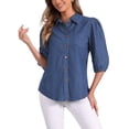 thumbnail image 1 of Camisa de mezclilla INSPIRE CHIC para mujer con mangas abullonadas de 3/4, cuello y botones, color azul oscuro, 1 of 5