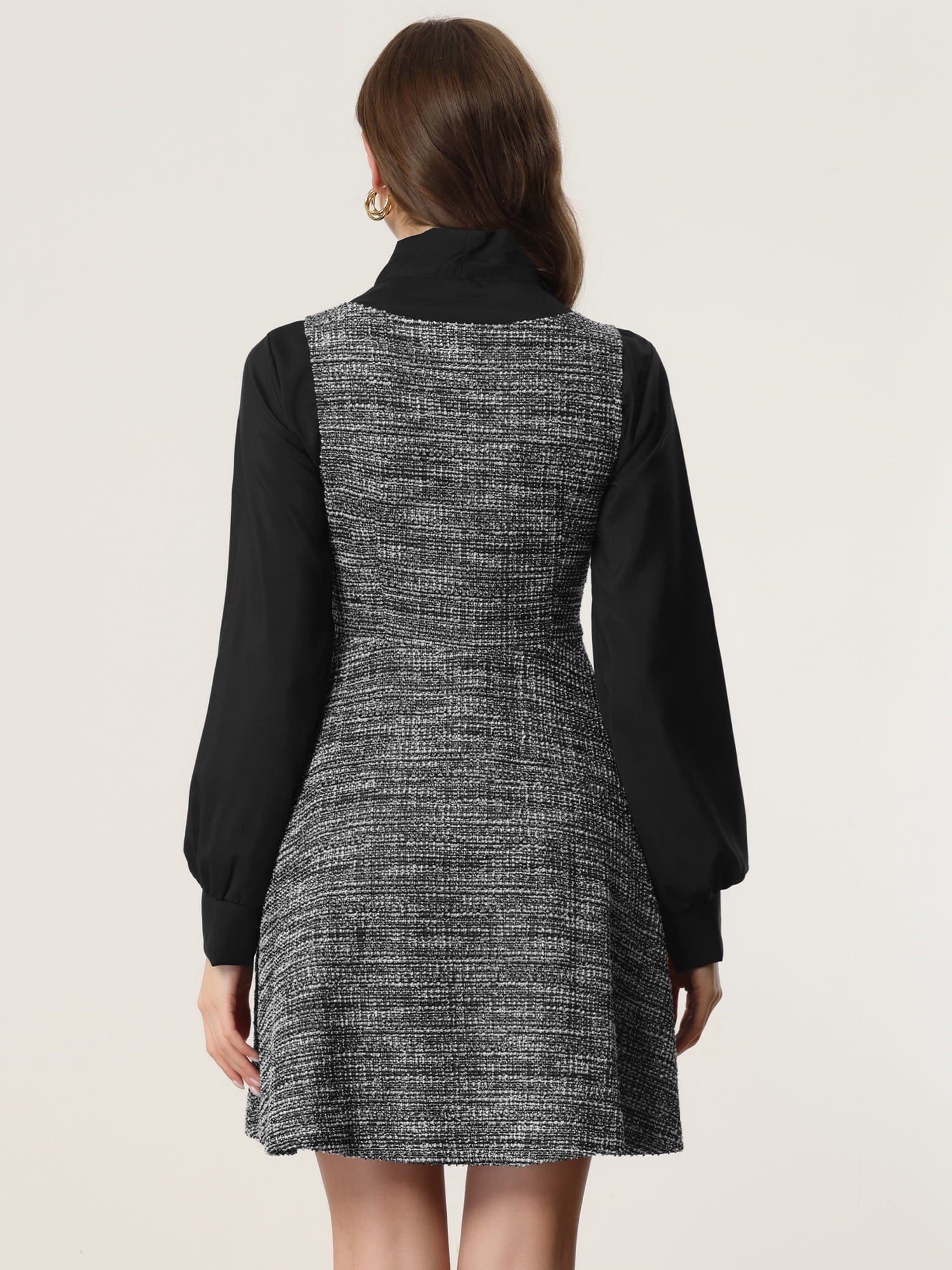 DARING DIVA Sleeveless Square Neck Button Plaid A-Line Tweed Dress XL Black