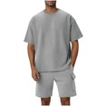 thumbnail image 3 of VBTAPA Men's Fashion 2 Piece Waffle Knit T Shirt and Shorts Sets Summer Beach Outfits Casual Tracksuits Set with Pockets Gray L, 3 of 9