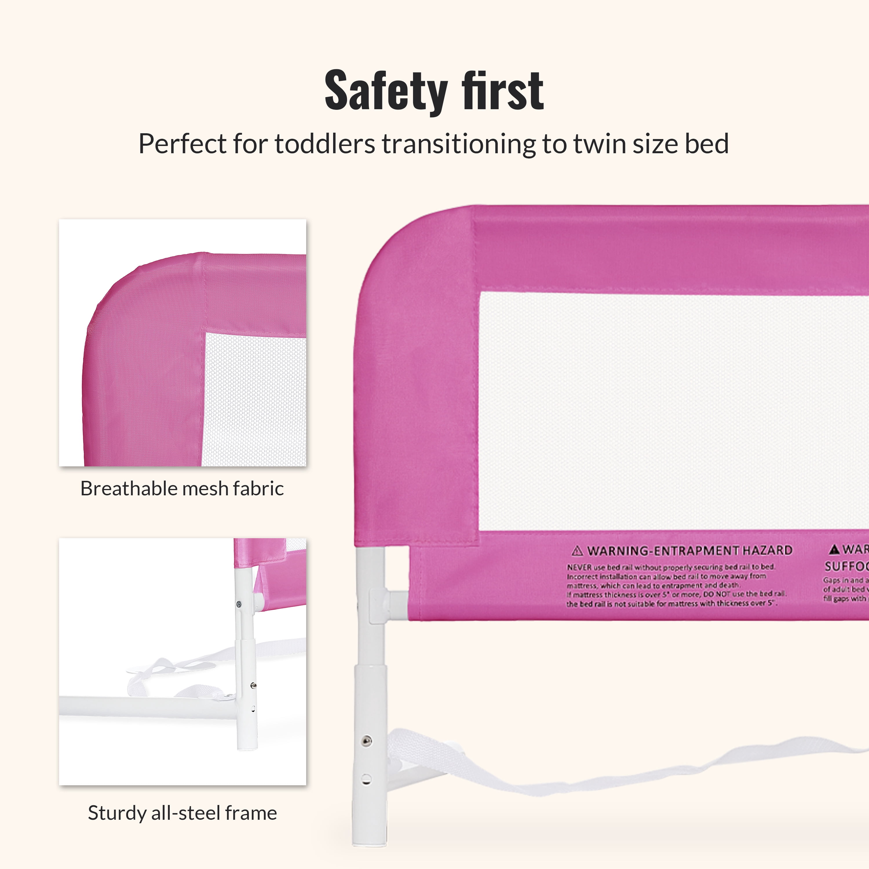 Lightweight Mesh Security Adjustable Bed Rail with Breathable Mesh Fabric in Light Pink - 33'L X 14" W X 23" H