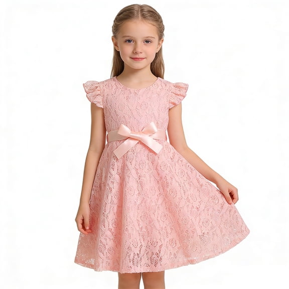 Fgnfyis Toddler Princess Dress Lace Puff Sleeves Front Zipper Elegant Summer Casual Party Toddlers Girls Summer Dress Pink 7-8 Years