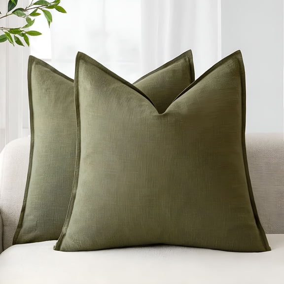 AUQ Pack of 2,Decorative Linen Solid Throw Pillow Covers Soft Accent Cushion Case Boho Farmhouse Pillowcase for Chair Couch Sofa Bedroom Living Room Home Decor 18 X 18 Inch Olive Green