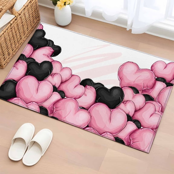 2x3 Ft Entryway Area Rug, Valentine's Day Kitchen Rug Runner Washable Floor Mat, Romantic Love Heart Ballons Pink and Black Non Slip Indoor Door Mat Throw Carpet for Bathroom Living Room Bedroom