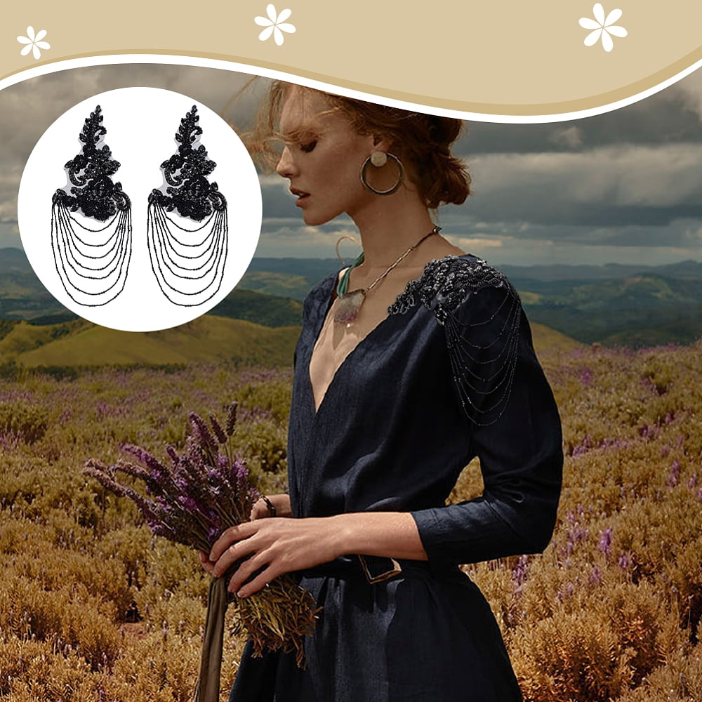 2pcs Rhinestone Sewing Ornaments Flower with Glass Seed Beads Mesh Yarn and Copper Alloy Black 310x118x5.5mm