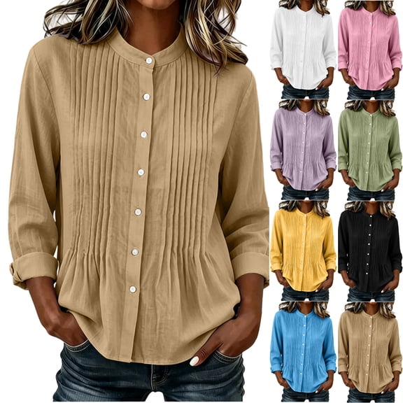Nmnitkp Women's Mandarin Collar Pleated Front Button Down Shirt Cotton Linen Roll Up Long Sleeve Loose Casual Blouse for Fall Work Office Daily Wear Khaki,S