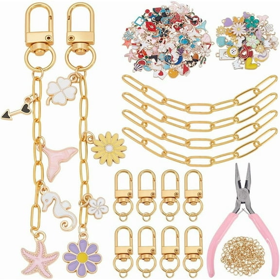 DIY Keychain Making Kits Bulk Bag Charm Kit 130 Charms 25 Keychain Clips with Key Ring Swivel Snap Hook Lobster Claw Clasps 150 Jump Ring 25 Extender Chain for Jewelry Plier DIY Craft Mixed Color