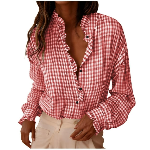ZQUUVOU Women's Plaid Shirts Turn Up Ruffle Collar Long Sleeve Button Front Tops Plunging Neck Fall Trendy Shirt Red