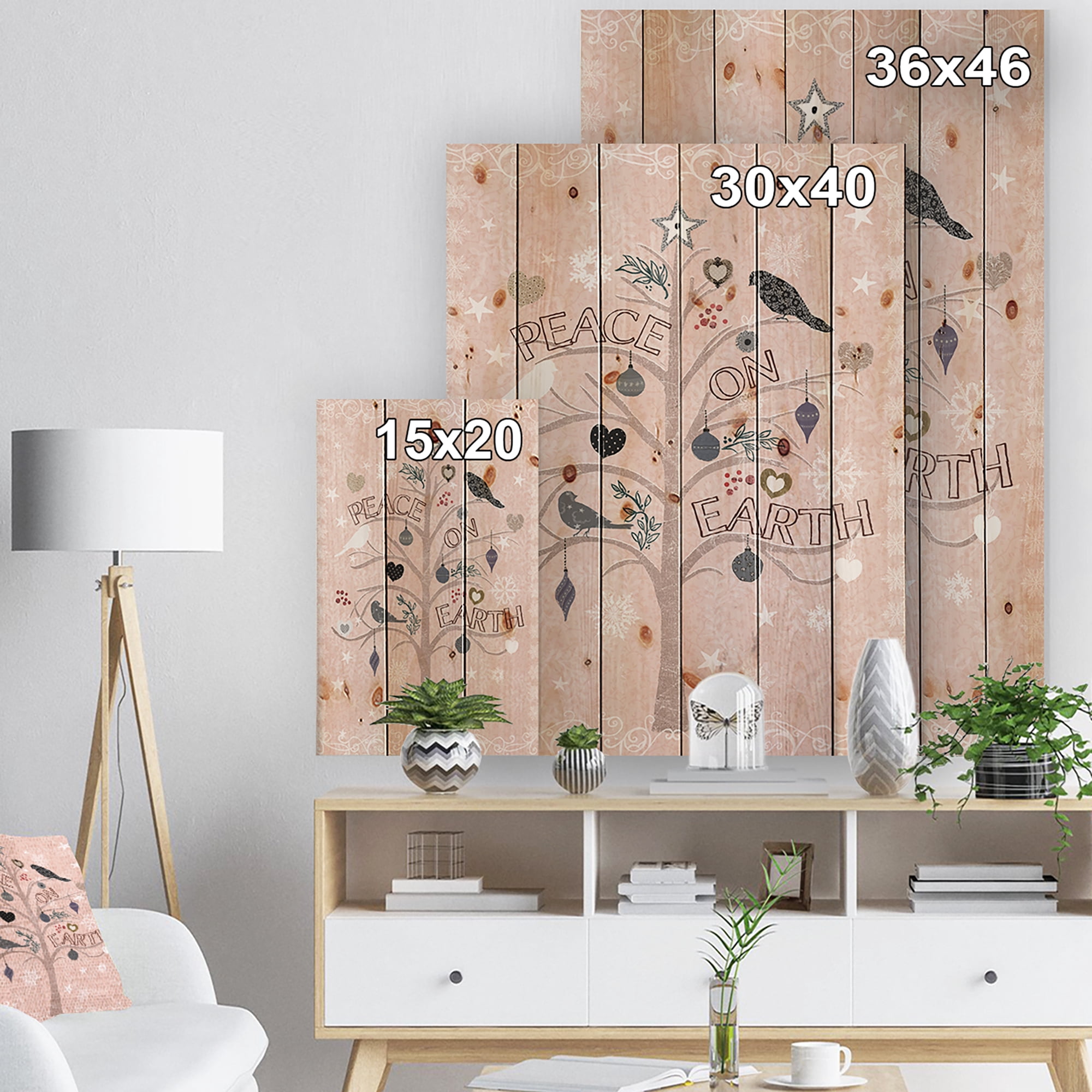 Designart 'The Embellished Christmas Tree, Peace on Earth' Print on Natural Pine Wood