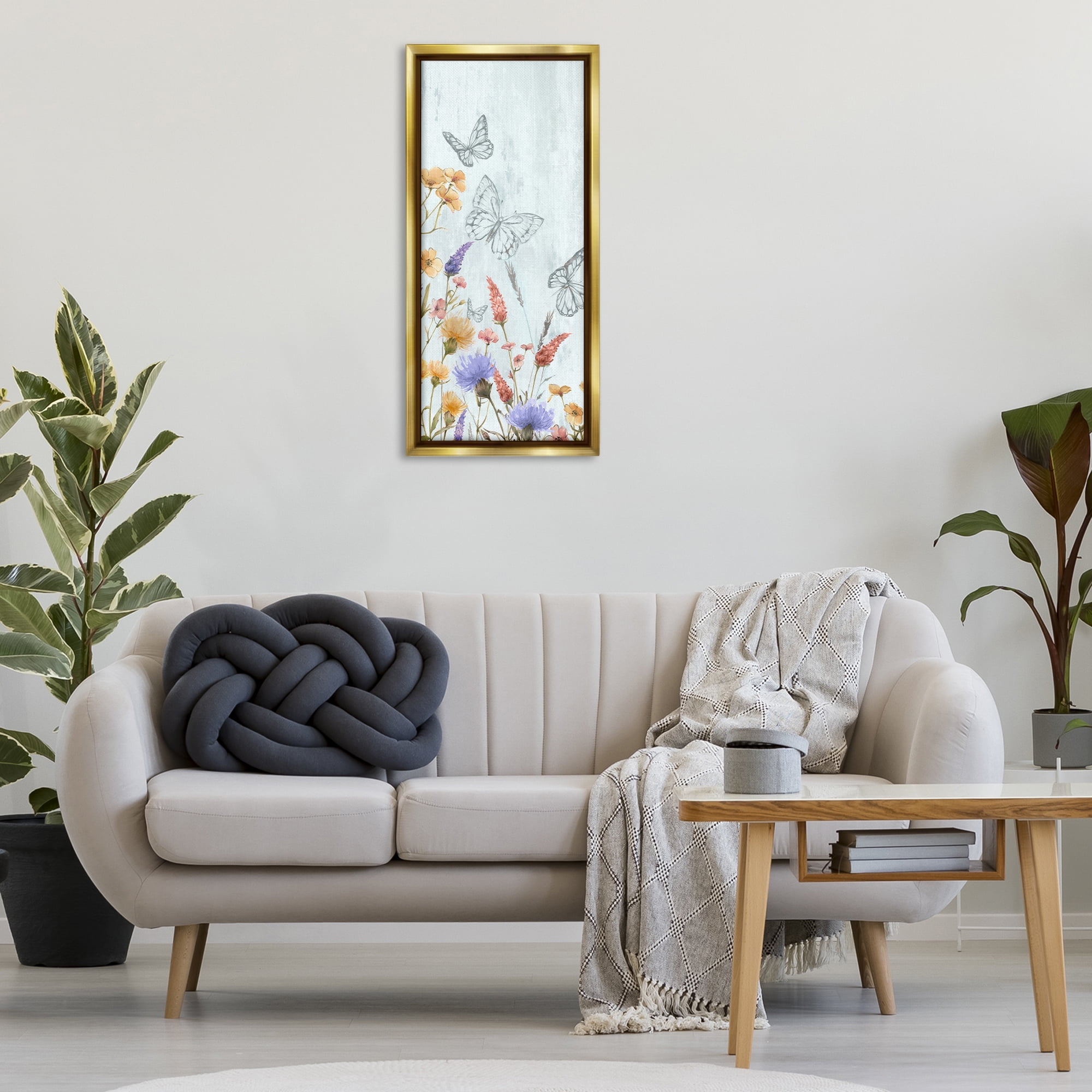 Stupell Industries Butterfly Outlines & Florals Plants & Flowers Painting Gold Floater Framed Canvas Art Print Wall Art, 14 x 31