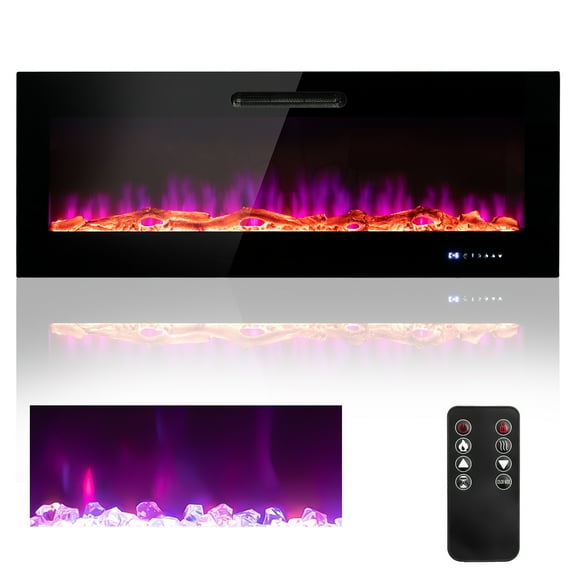 Costway 60'' Electric Fireplace Recessed Wall Mounted Heater W/ Decorative Crystal & Log