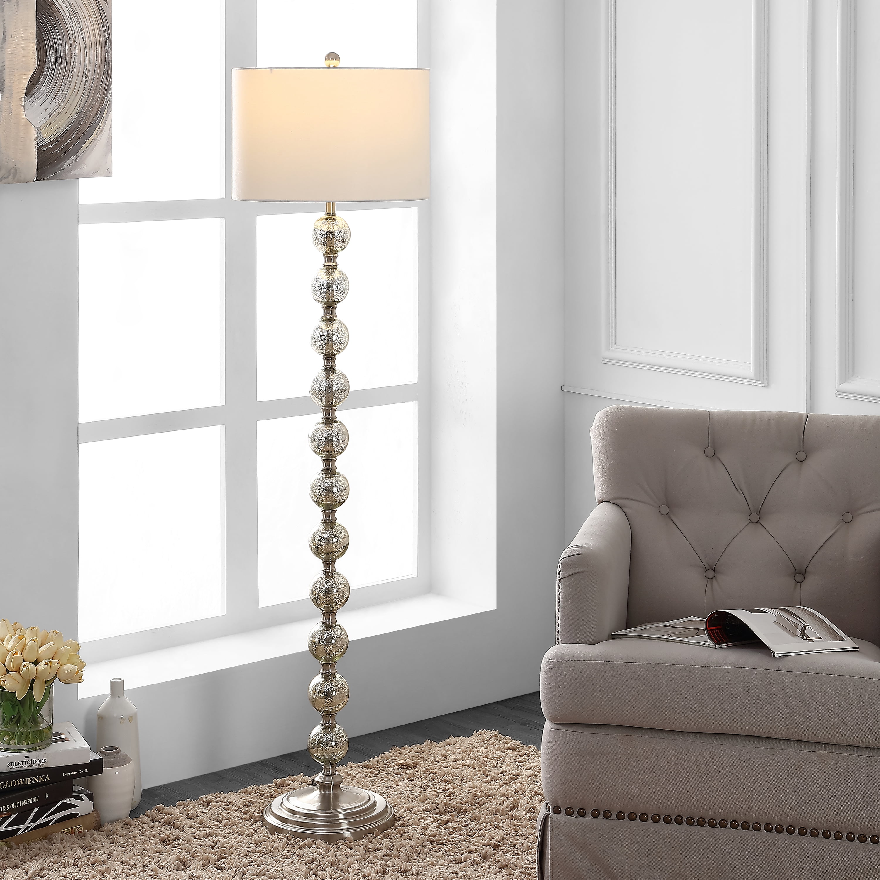 SAFAVIEH Cace 60 in. H Beaded Glam Floor Lamp, Nickel/Ivory