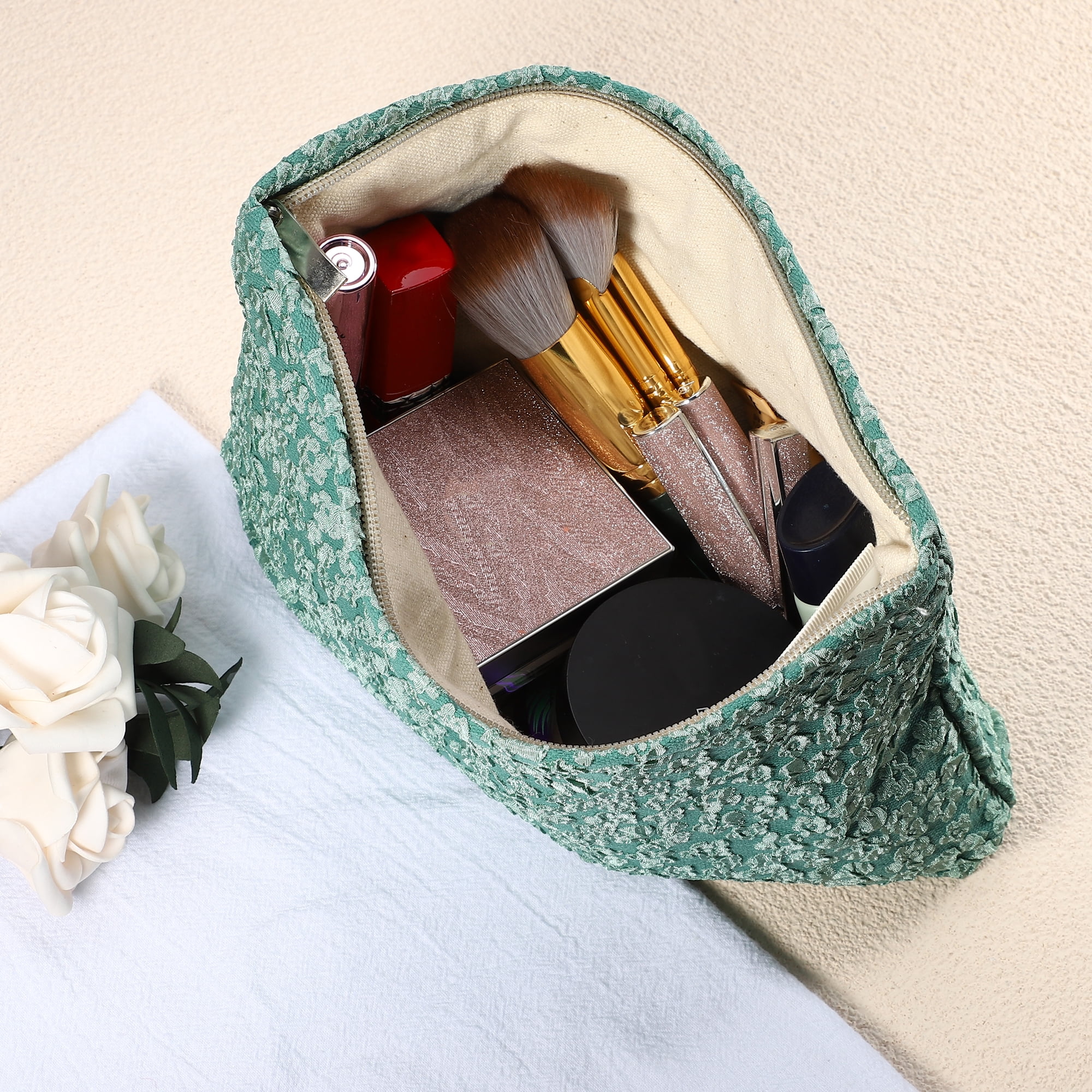 Unique Bargains Flower Cosmetic Bags Canvas Large Capacity Makeup Pouch Lipsticks Green