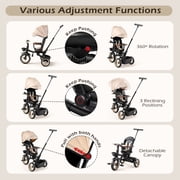 JoyStone 7 in 1 Foldable Tricycle Stroller for Toddler, Baby Tricycle with Adjustable Canopy, Parent Handle, Removable Pedals, Seat Belt and Storage Basket, Kids Bike for Ages 1-6 Boys & Girls, Khaki