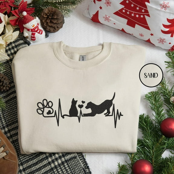 Dog And Cat Heartbeat Embroidered Unisex T-shirt Sweatshirt Hoodie, Cat Dog Shirt, Dog And Cat Mom Shirt, Dog And Cat Mom Gift,Cat Dog Lover