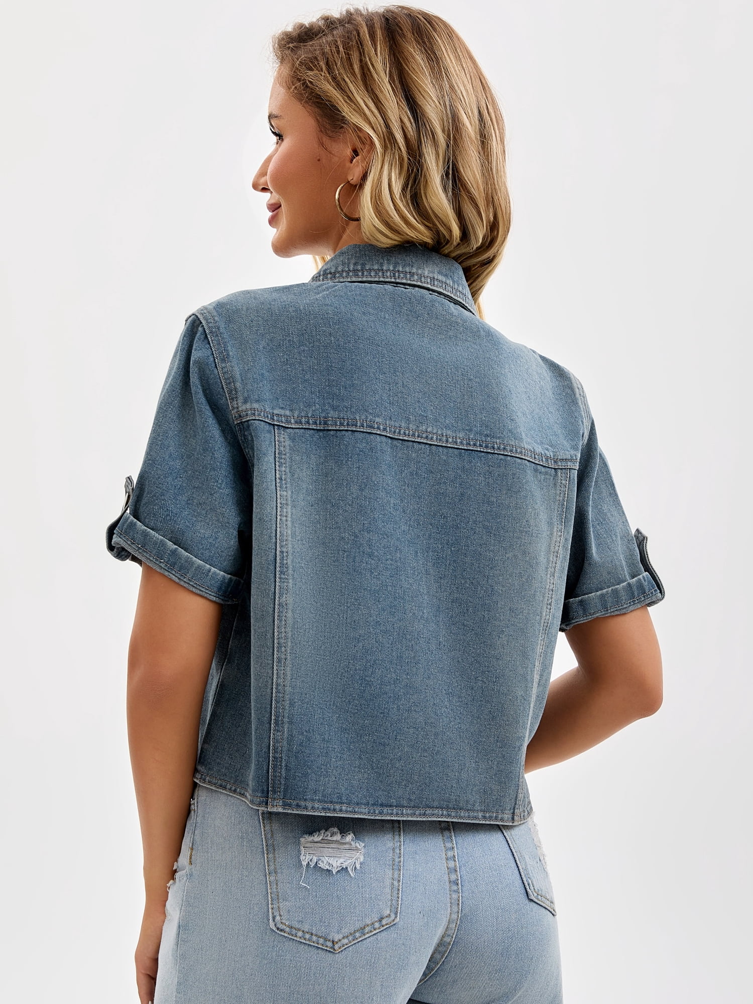 DARING DIVA Women's Short Sleeve Denim Collared Button Up Cropped Jean Jacket L Grey Blue