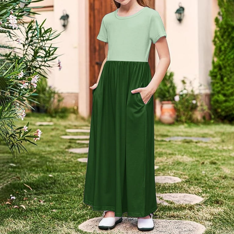 Lime Green Boy Girl Cute Ruched A Line Basic Dresses for Kids Girl Boy  Summer Fall Short Sleeve Spandex Color Block Maxi Long Dresses Child 2025  Clothing Country Concert Y2K 11 Year -