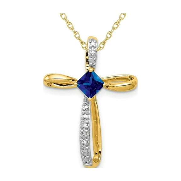 2/5 Carat (Ctw) Lab Created Blue Sapphire Cross Pendant Necklace in 14K Yellow Gold with Chain
