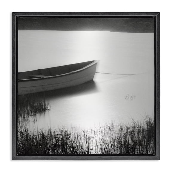 Stupell Industries Coastal Rowboat on Peaceful Shore Black Floating Frame Canvas Art, 18 x 18, by Chip Forelli