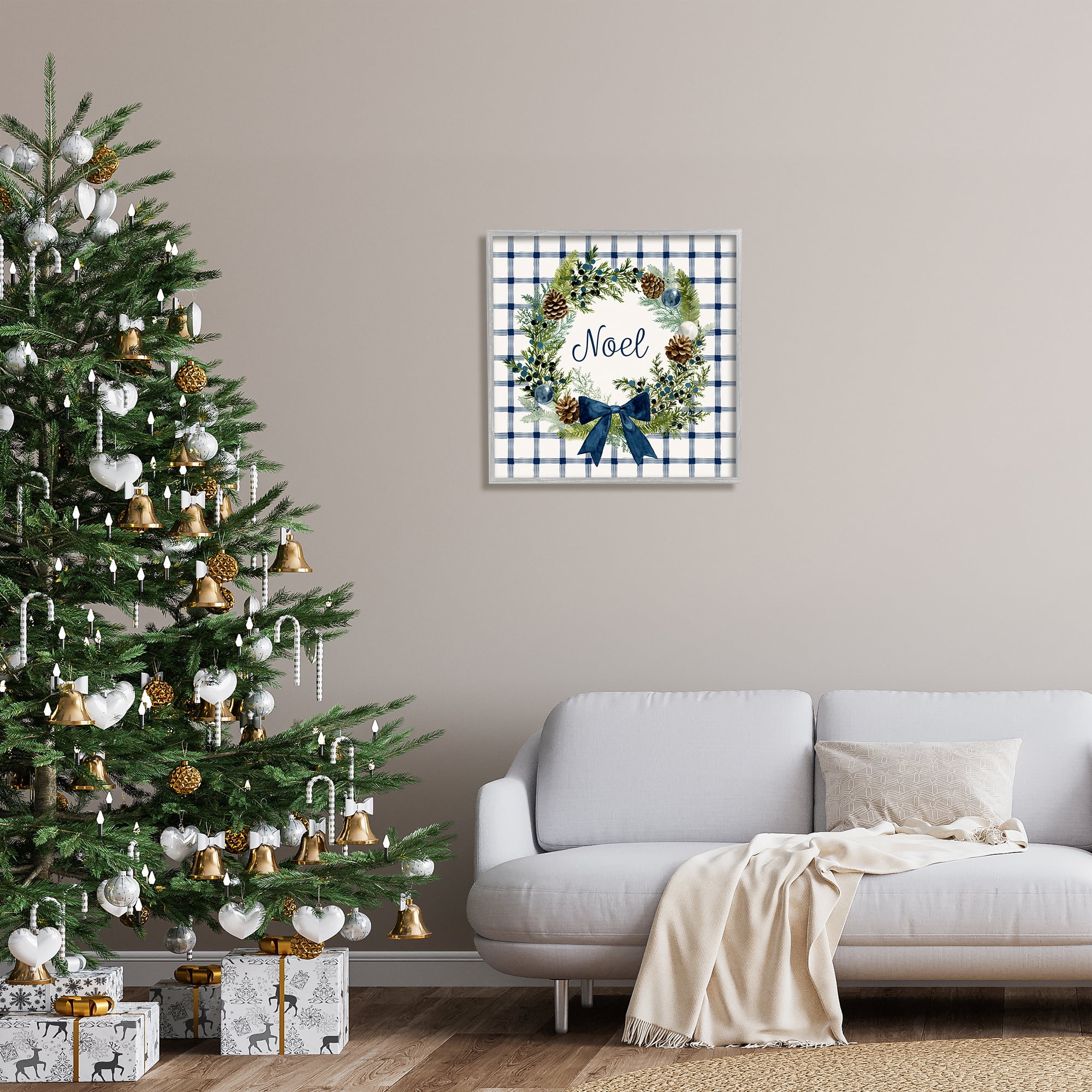Stupell Industries Winter Noel Sentiment Pinecone Wreath Blue Plaid, 24 x 24,Design by Victoria Barnes