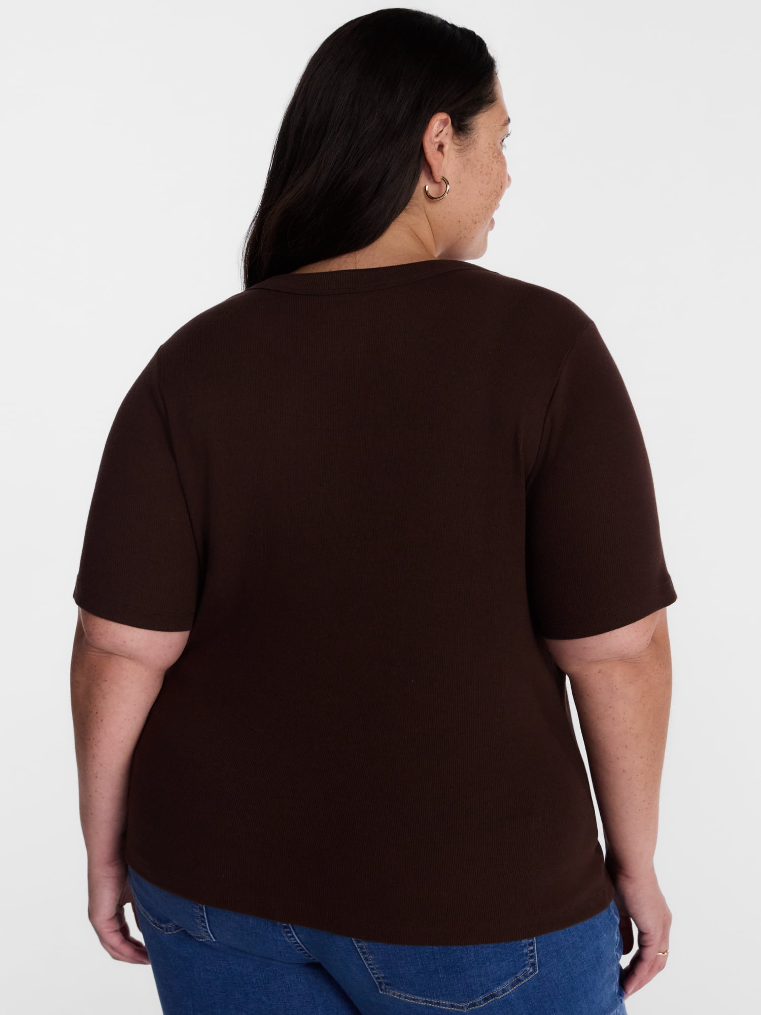 Terra & Sky Women's Plus Ribbed Henley Top with Short Sleeves, Sizes 0X-5X