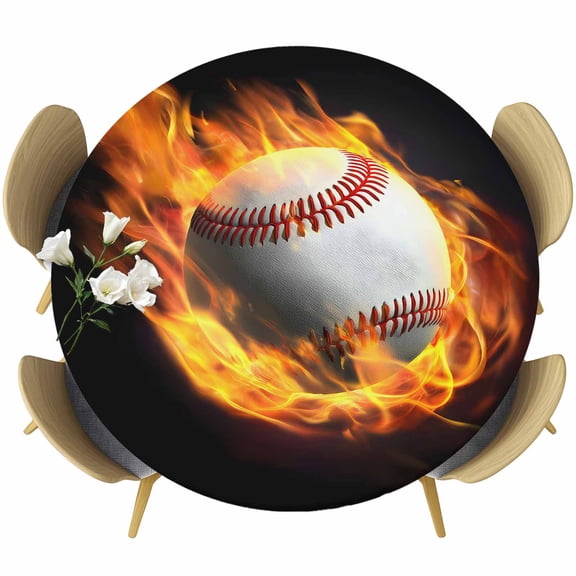 Baseball Round Tablecloth, Fitted Table Cover with Elastic for 45"-54" Round Tables, Modern Buruning Flame Sport Black Background Table Cloth Outdoor Indoor Dinning Party Waterproof Tablecloths