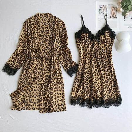 

Knosfe 2 Pack Sexy Sleepwear Leopard Nightgown Pajamas Set Robe And Dress Silk Pjs for Women