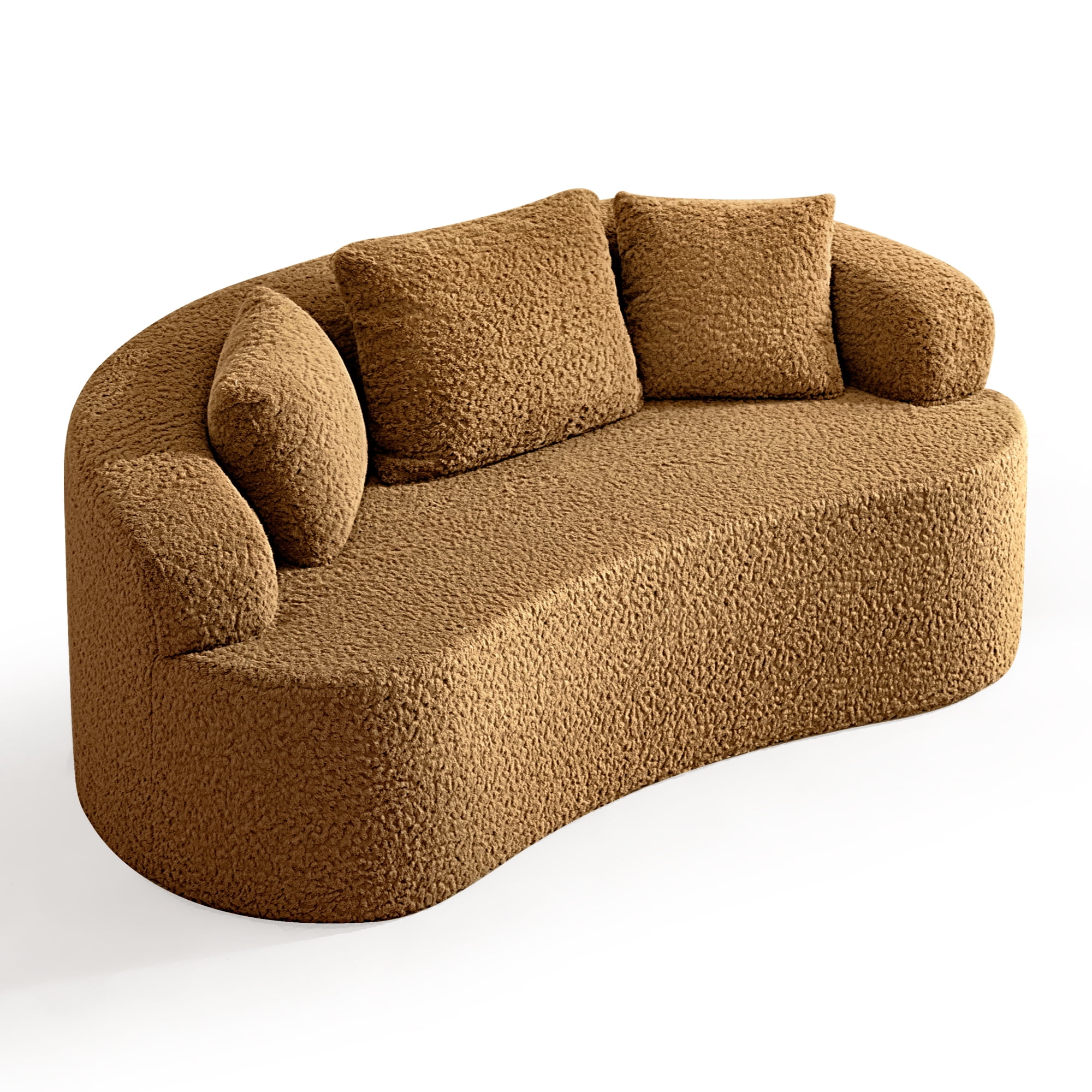 COOLHUT 65" 3 Seater Sofa Couch, Plush Floor Sofa Couch with Cozy Cushions & 3 Pillows, Curved Back Teddy Fabric Sofa for Living Room, Small Space, Brown (Sofa-in-a-Box)