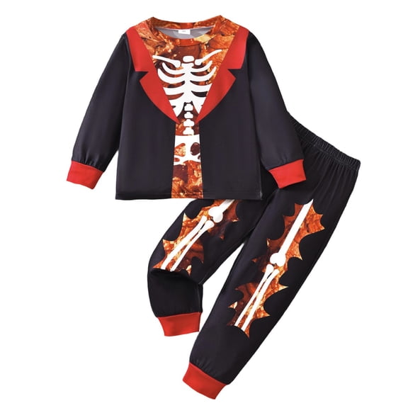 BOOMNY Halloween Child Boys 2 Peice Clothes Set Hallowmas Skeleton Graphic Long Sleeve Tops Pants Outfits for Kids Soft Clothing Set
