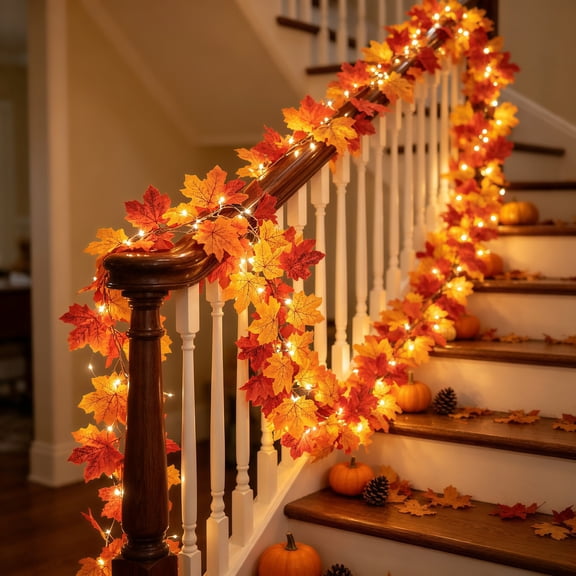 Scidweet Fall Garland with Lights, 9 FT 50 LED Fake Autumn Maple Leaves Garland Fall Decorations for Home Indoor Outdoor Party Fireplace Table Porch Table Thanksgiving Decor