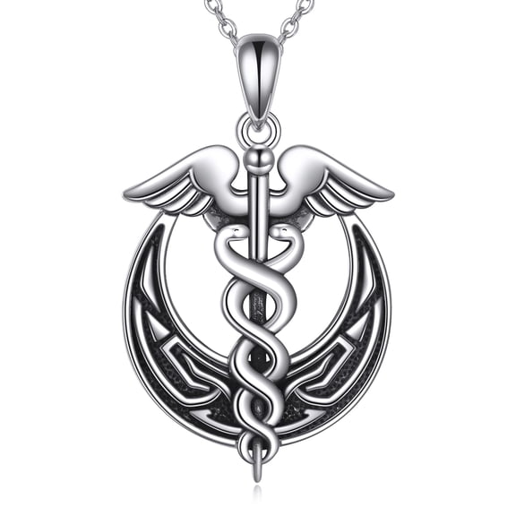 Caduceus Necklace 925 Sterling Silver Celtic Moon Nursing Medical Symbol Pendant Necklace Graduation Jewelry Gifts for Women Nurse Doctor RN Student