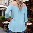 thumbnail image 6 of DDAPJ pyju Women's Off Shoulder 3/4 Sleeve Shirts Eyelet Casual Tunic Tops Plus Size Summer Blouses Light Blue XXXXXL, 6 of 7