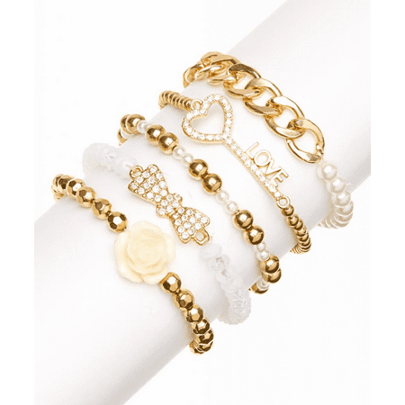 - Lux Accessories Faux Faux Pearl Love Heart Key Rose Flower Floral Floral Beaded Rhinestone Arm Candy Stretch Multi Bracelet Set